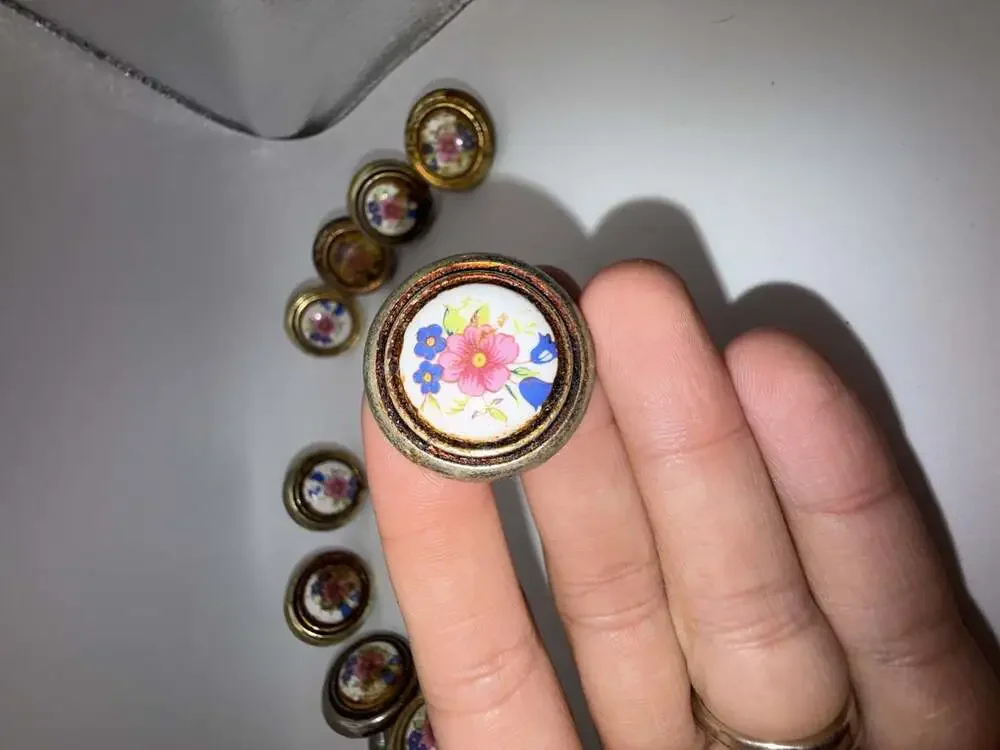 Set of 10 Vintage Porcelain Floral Cabinet Drawer Knobs with Brass Hardware